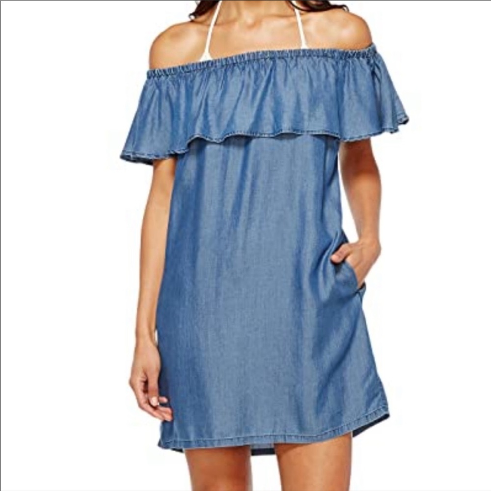 CHELSEA 28 Dress off Shoulder Exaggerated Ruffle Jean-Like with pockets …